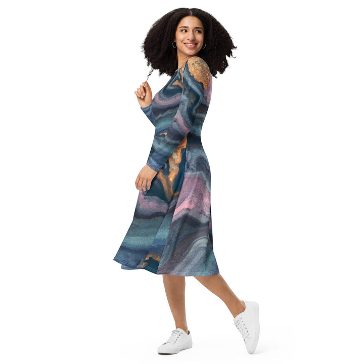 Womens Long Sleeve Midi Dress - Blue Pink Marble Swirl Print-2