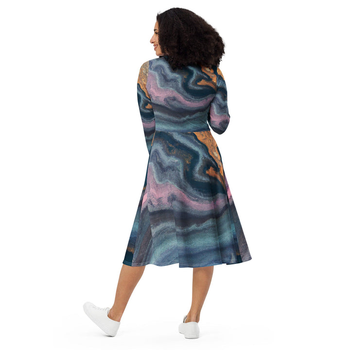Womens Long Sleeve Midi Dress - Blue Pink Marble Swirl Print-1