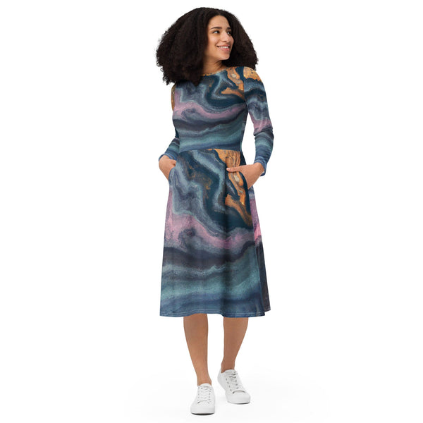 Womens Long Sleeve Midi Dress - Blue Pink Marble Swirl Print-0