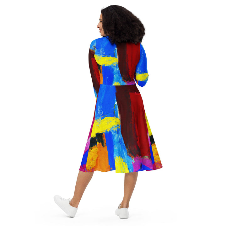 Womens Long Sleeve Midi Dress - Blue Red Abstract Pattern-1