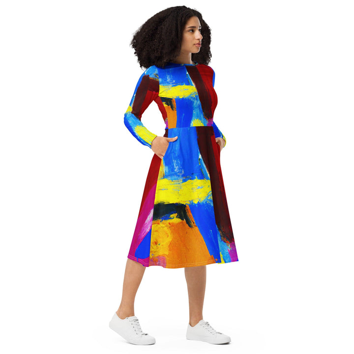 Womens Long Sleeve Midi Dress - Blue Red Abstract Pattern-3