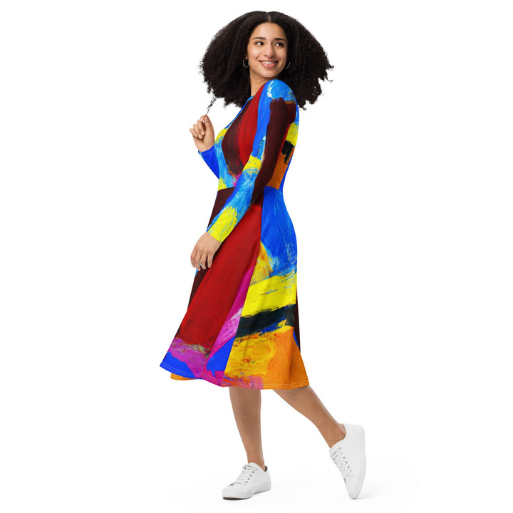 Womens Long Sleeve Midi Dress - Blue Red Abstract Pattern-2