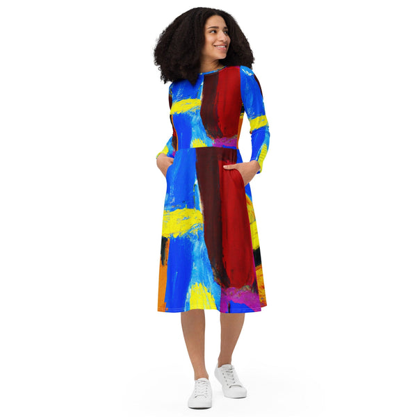 Womens Long Sleeve Midi Dress - Blue Red Abstract Pattern-0