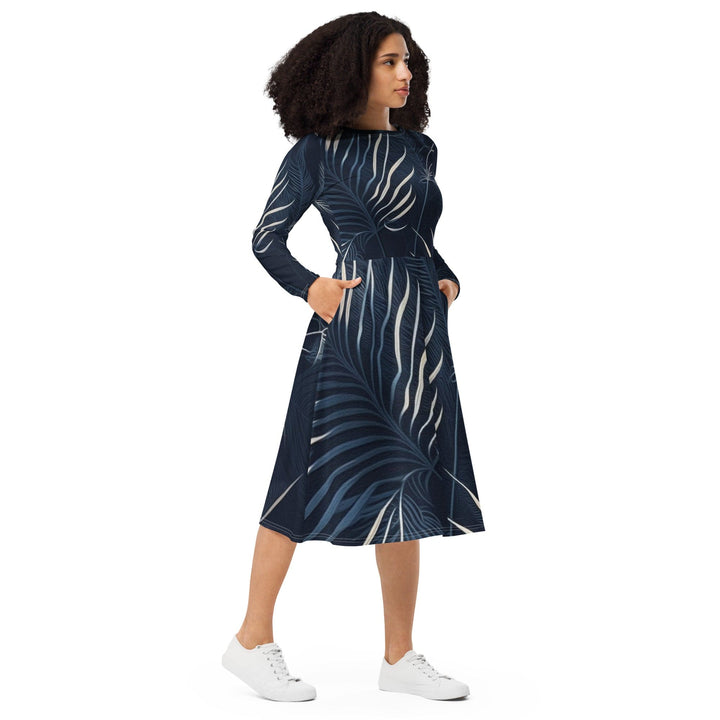 Womens Long Sleeve Midi Dress - Blue White Palm Leaves-3
