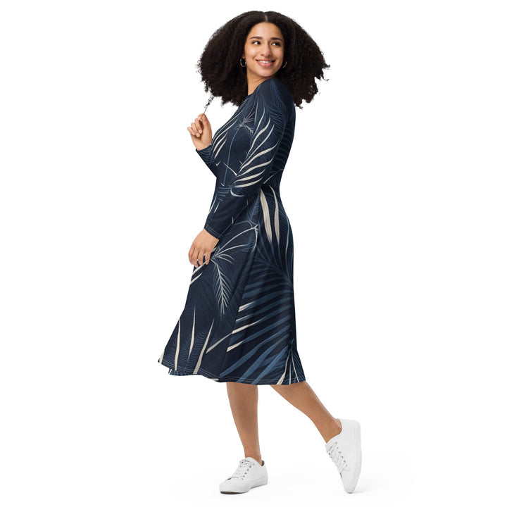Womens Long Sleeve Midi Dress - Blue White Palm Leaves-2