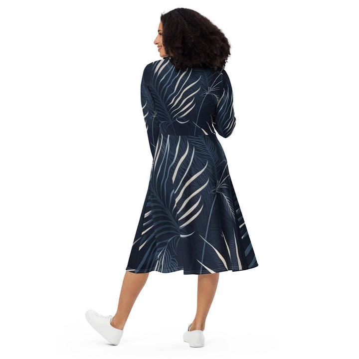 Womens Long Sleeve Midi Dress - Blue White Palm Leaves-1