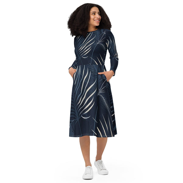Womens Long Sleeve Midi Dress - Blue White Palm Leaves-0