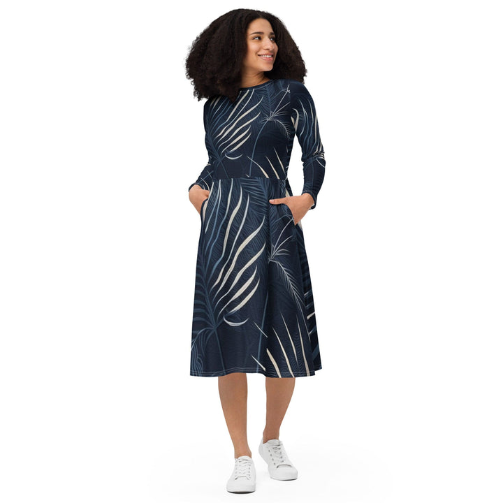 Womens Long Sleeve Midi Dress - Blue White Palm Leaves-0