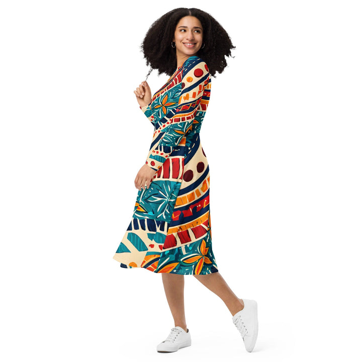 Womens Long Sleeve Midi Dress - Boho Floral Print-2