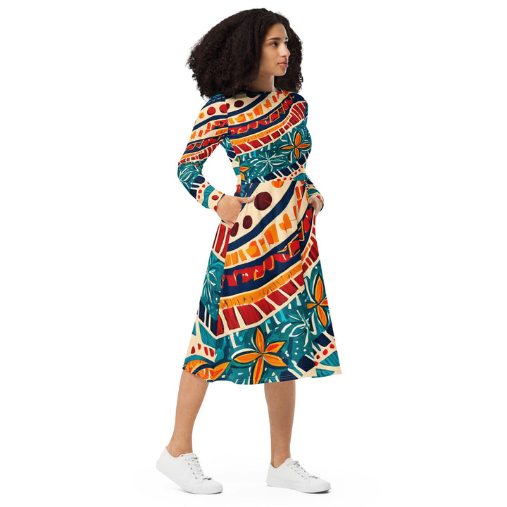 Womens Long Sleeve Midi Dress - Boho Floral Print-3