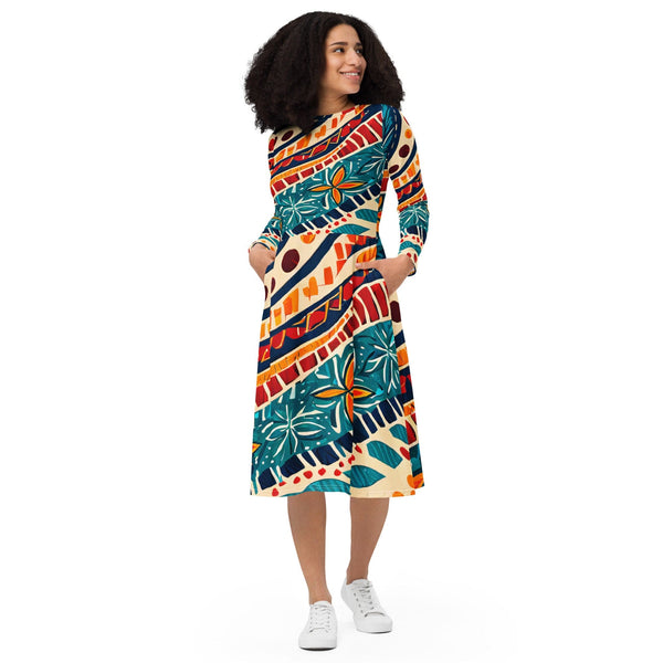 Womens Long Sleeve Midi Dress - Boho Floral Print-0
