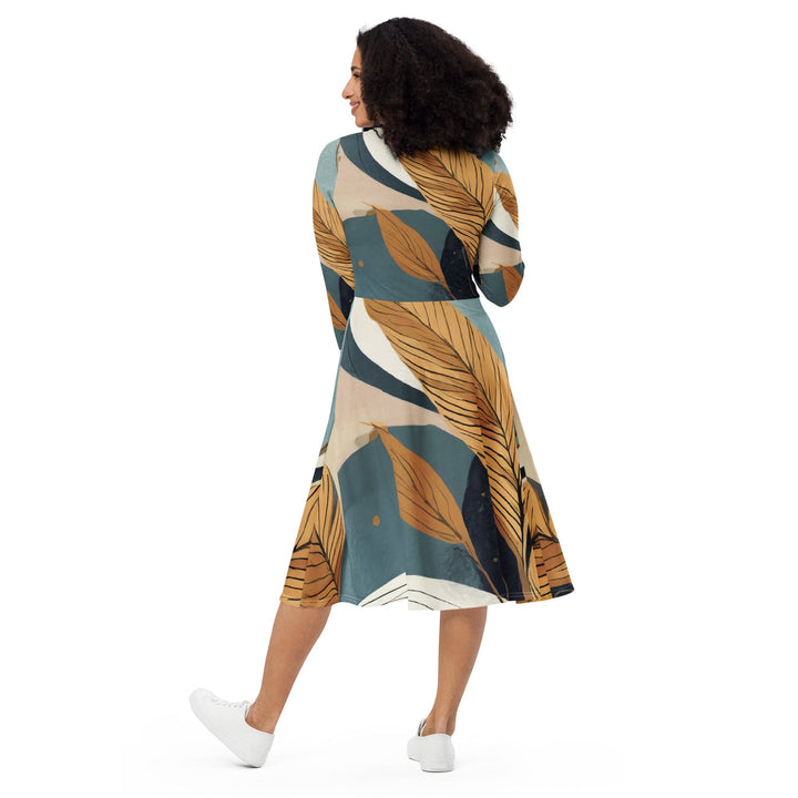 Womens Long Sleeve Midi Dress - Boho Style Print 2-1