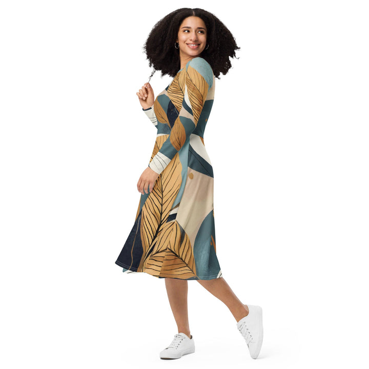 Womens Long Sleeve Midi Dress - Boho Style Print 2-2