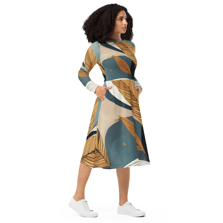 Womens Long Sleeve Midi Dress - Boho Style Print 2-3