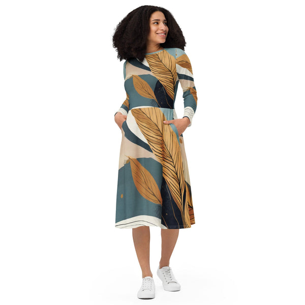 Womens Long Sleeve Midi Dress - Boho Style Print 2-0
