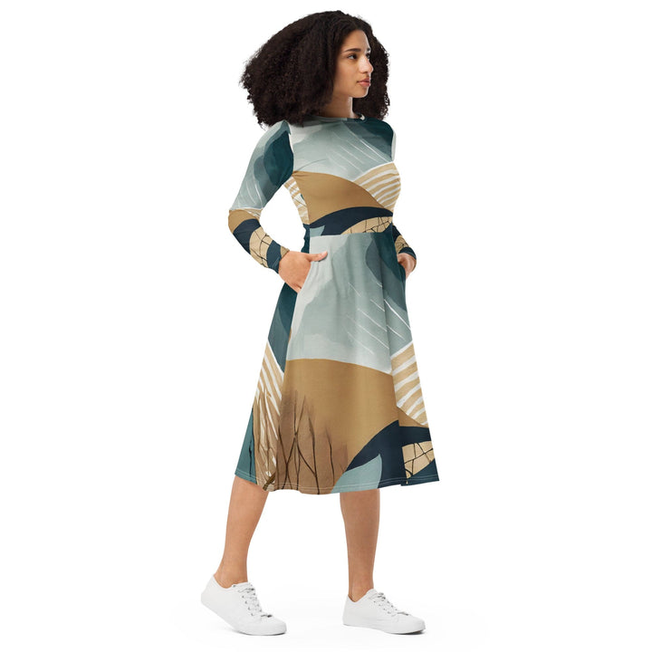 Womens Long Sleeve Midi Dress - Boho Style Print 3-3