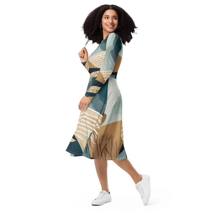 Womens Long Sleeve Midi Dress - Boho Style Print 3-2