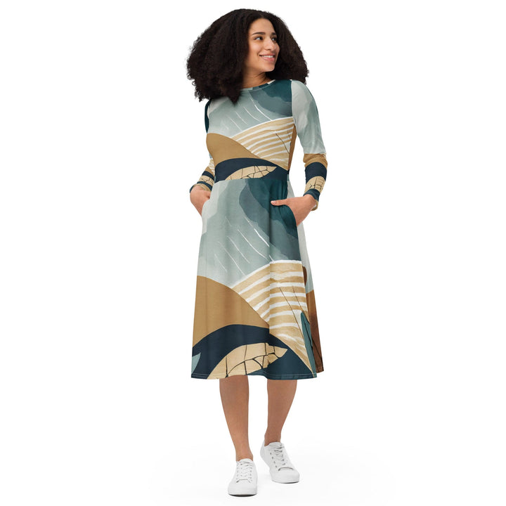Womens Long Sleeve Midi Dress - Boho Style Print 3-0