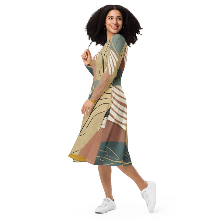 Womens Long Sleeve Midi Dress - Boho Style Print 4-2
