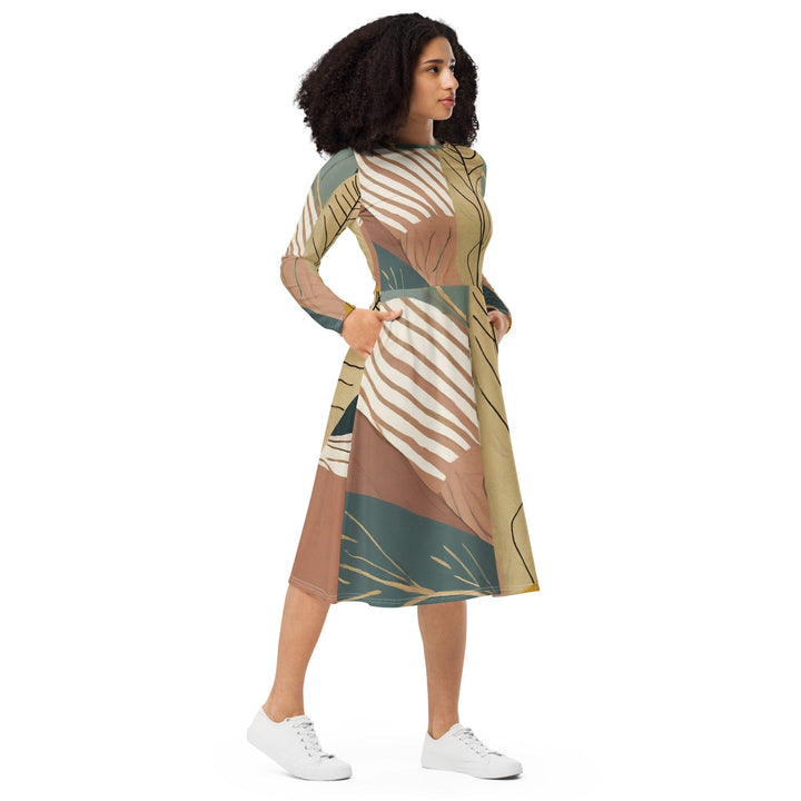Womens Long Sleeve Midi Dress - Boho Style Print 4-3