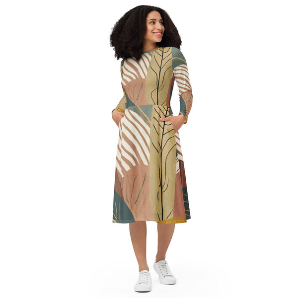 Womens Long Sleeve Midi Dress - Boho Style Print 4-0