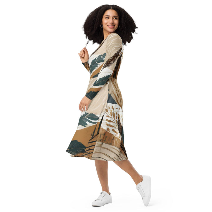 Womens Long Sleeve Midi Dress - Boho Style Print-2