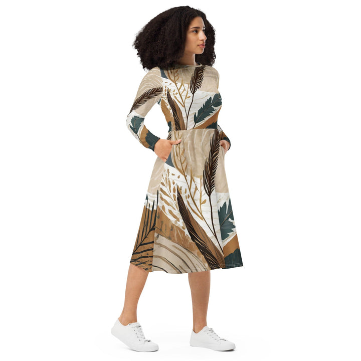 Womens Long Sleeve Midi Dress - Boho Style Print-3