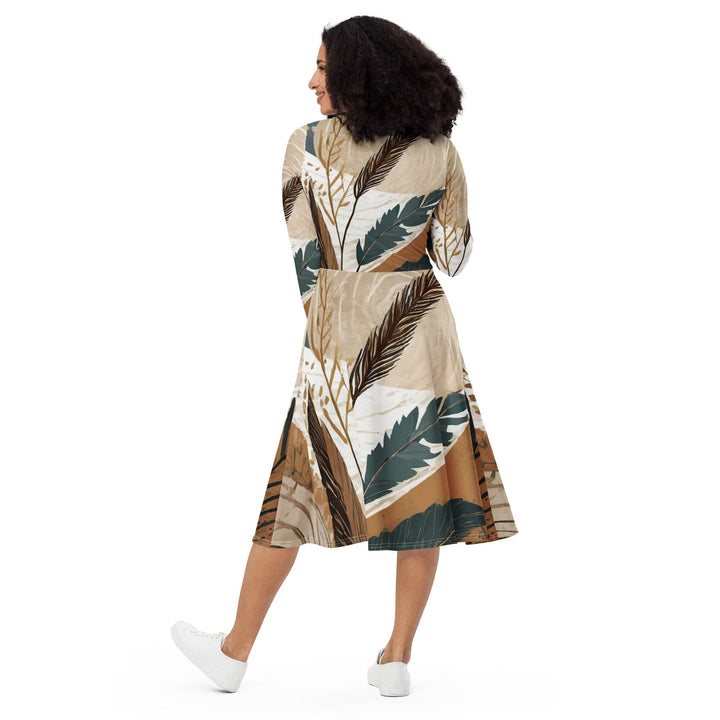 Womens Long Sleeve Midi Dress - Boho Style Print-4