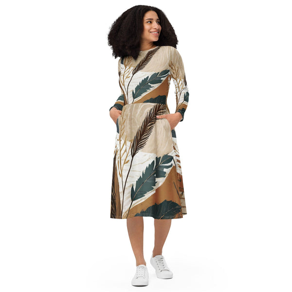 Womens Long Sleeve Midi Dress - Boho Style Print-0
