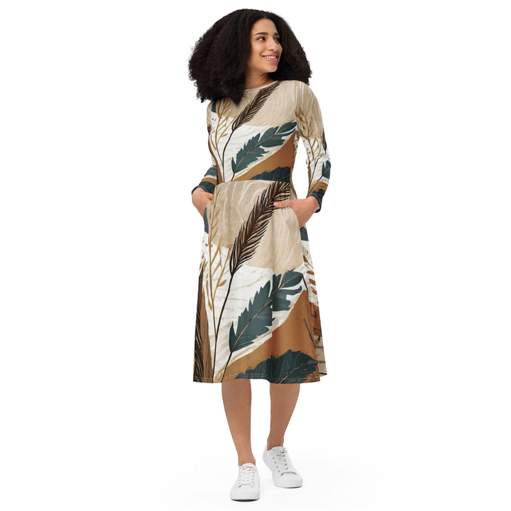 Womens Long Sleeve Midi Dress - Boho Style Print-0