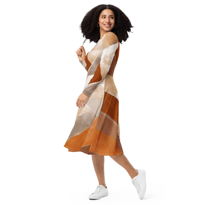 Womens Long Sleeve Midi Dress - Boho Watercolor Print-2