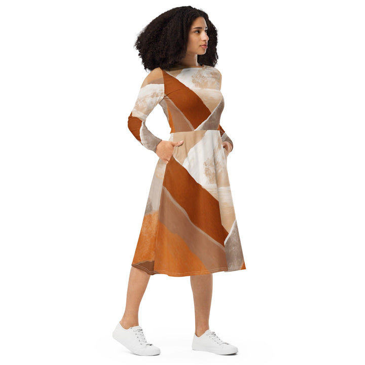 Womens Long Sleeve Midi Dress - Boho Watercolor Print-3