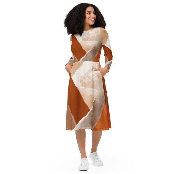 Womens Long Sleeve Midi Dress - Boho Watercolor Print-0