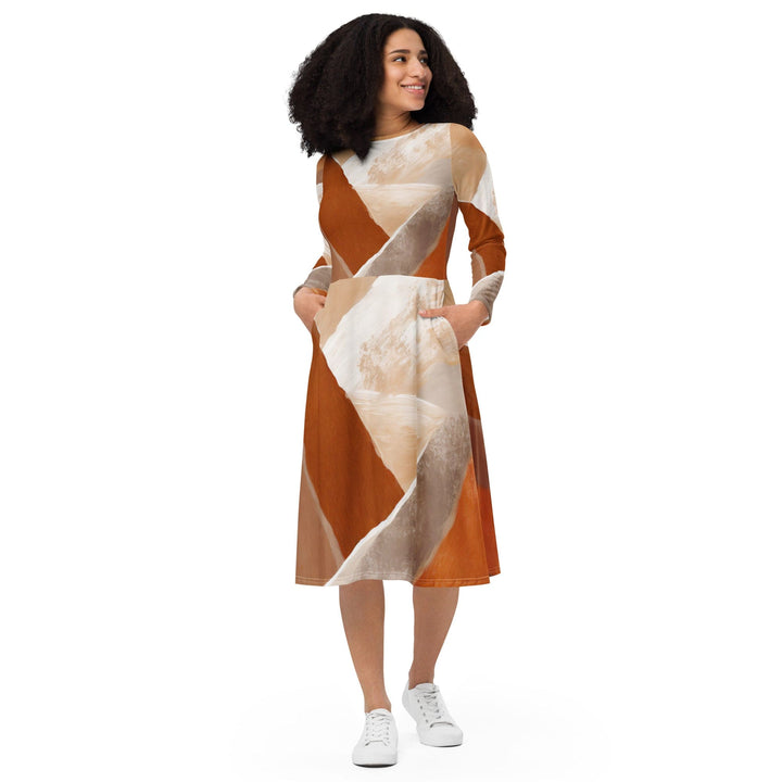 Womens Long Sleeve Midi Dress - Boho Watercolor Print-0