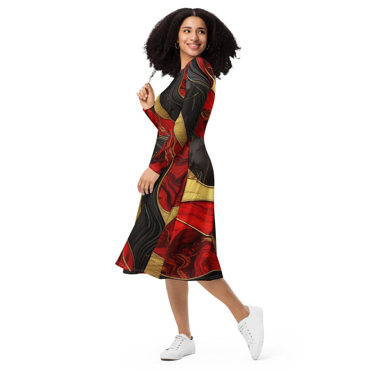 Womens Long Sleeve Midi Dress - Bold Red Gold Tones Print-2