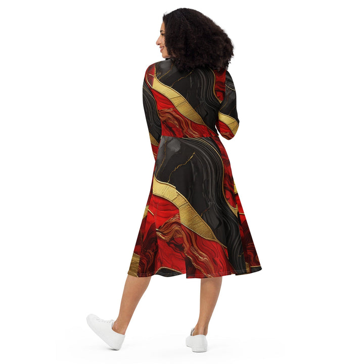 Womens Long Sleeve Midi Dress - Bold Red Gold Tones Print-4