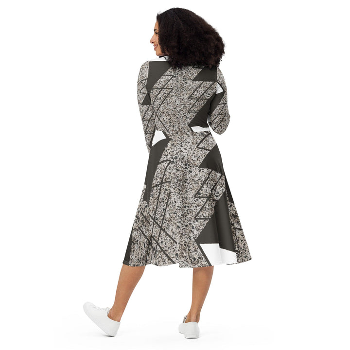 Womens Long Sleeve Midi Dress - Brown and White Triangular Colorblock-4