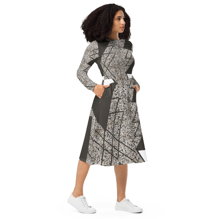 Womens Long Sleeve Midi Dress - Brown and White Triangular Colorblock-3