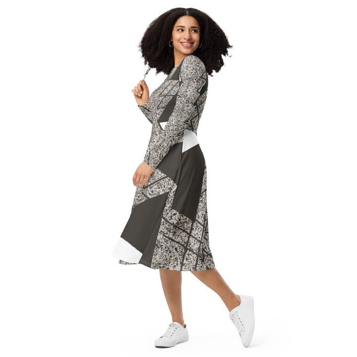 Womens Long Sleeve Midi Dress - Brown and White Triangular Colorblock-2