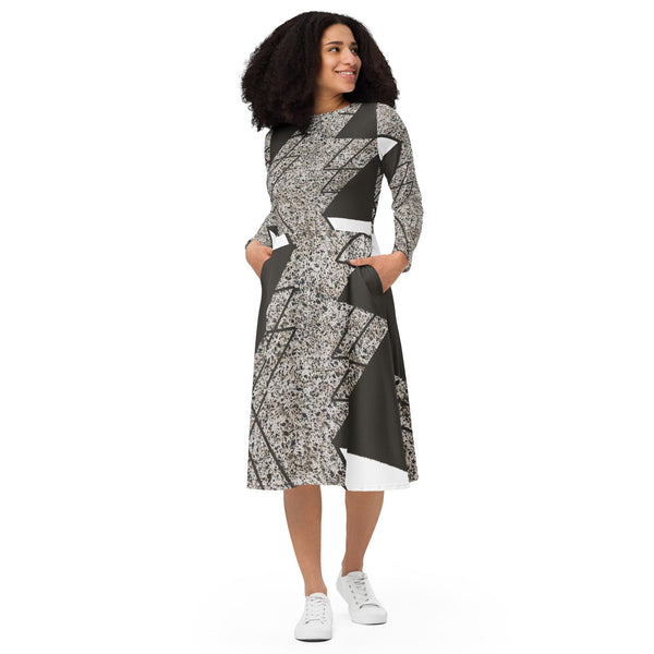 Womens Long Sleeve Midi Dress - Brown and White Triangular Colorblock-0