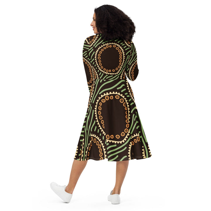 Womens Long Sleeve Midi Dress - Brown Green Geometric Lines-4