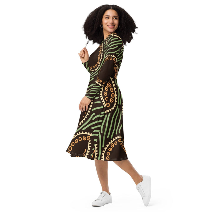 Womens Long Sleeve Midi Dress - Brown Green Geometric Lines-2