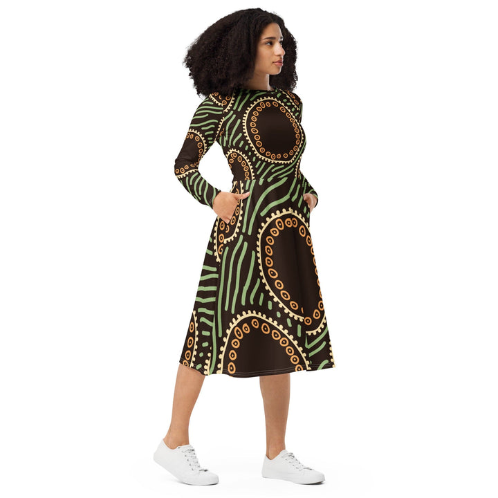 Womens Long Sleeve Midi Dress - Brown Green Geometric Lines-3