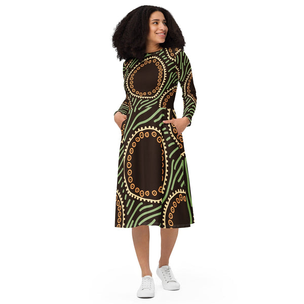 Womens Long Sleeve Midi Dress - Brown Green Geometric Lines-0