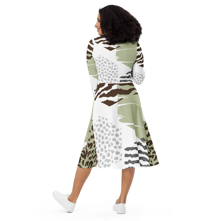Womens Long Sleeve Midi Dress - Brown Green Grey Geometric Hexagon-1
