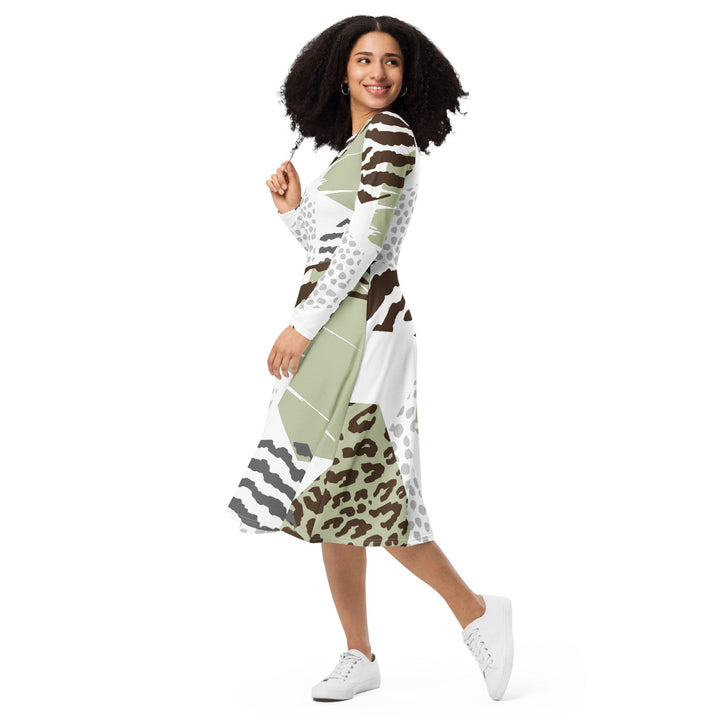 Womens Long Sleeve Midi Dress - Brown Green Grey Geometric Hexagon-2