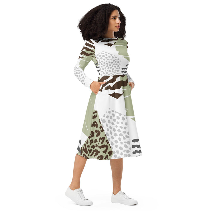 Womens Long Sleeve Midi Dress - Brown Green Grey Geometric Hexagon-3
