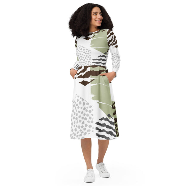 Womens Long Sleeve Midi Dress - Brown Green Grey Geometric Hexagon-0