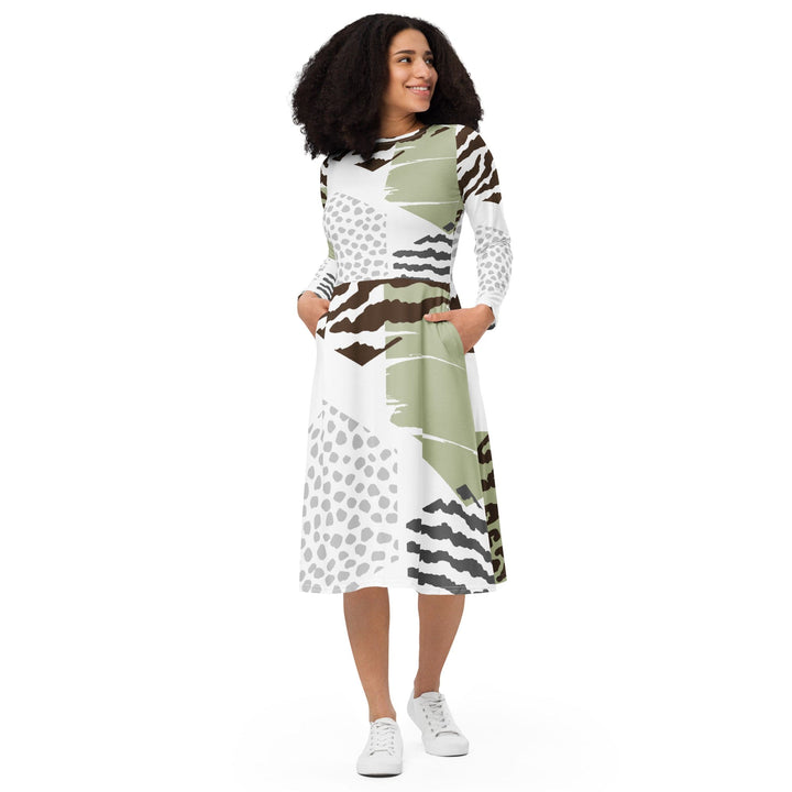 Womens Long Sleeve Midi Dress - Brown Green Grey Geometric Hexagon-0
