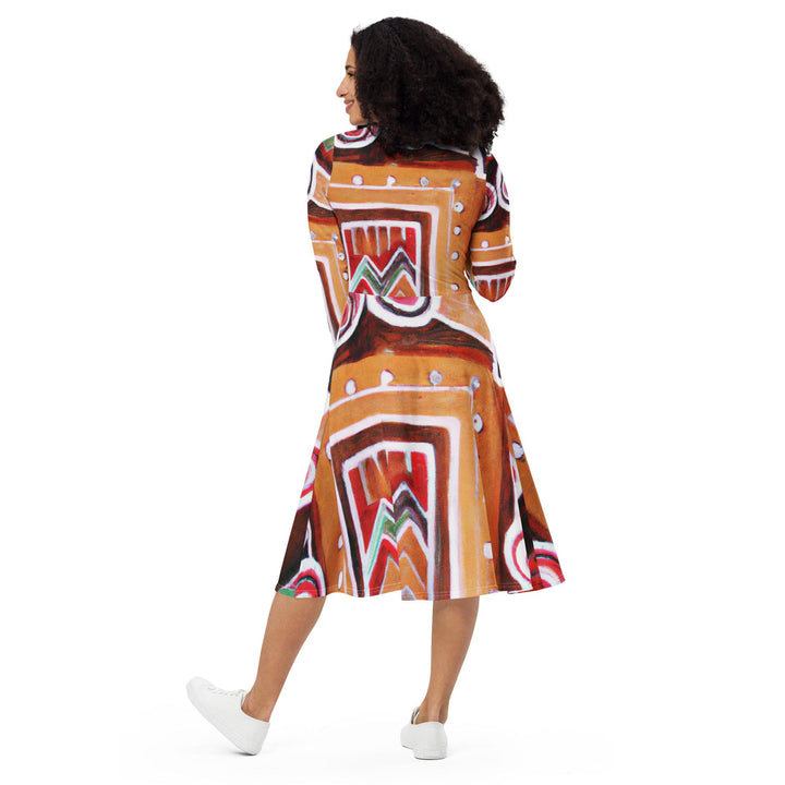 Womens Long Sleeve Midi Dress - Brown Orange Green Aztec Pattern-4